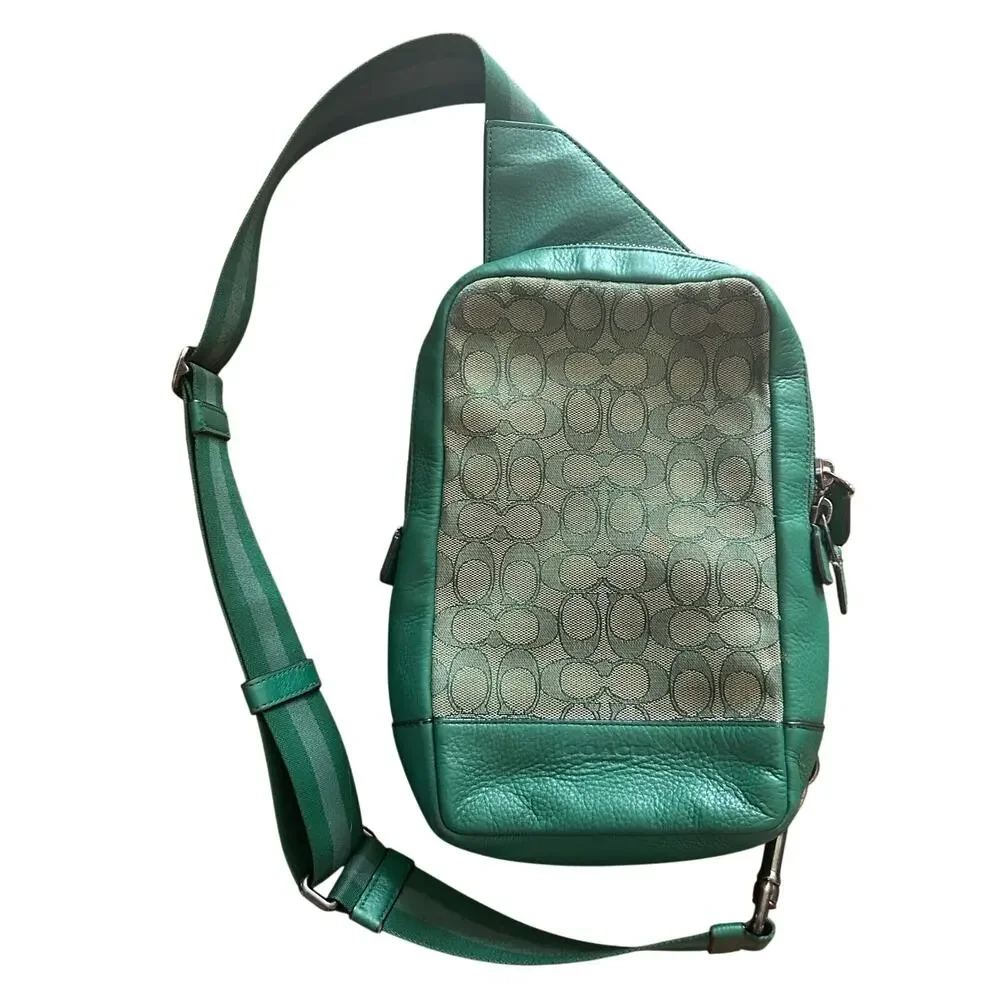 COACH Vintage Turner Pack Signature Jacquard Green Leather Sling EUC